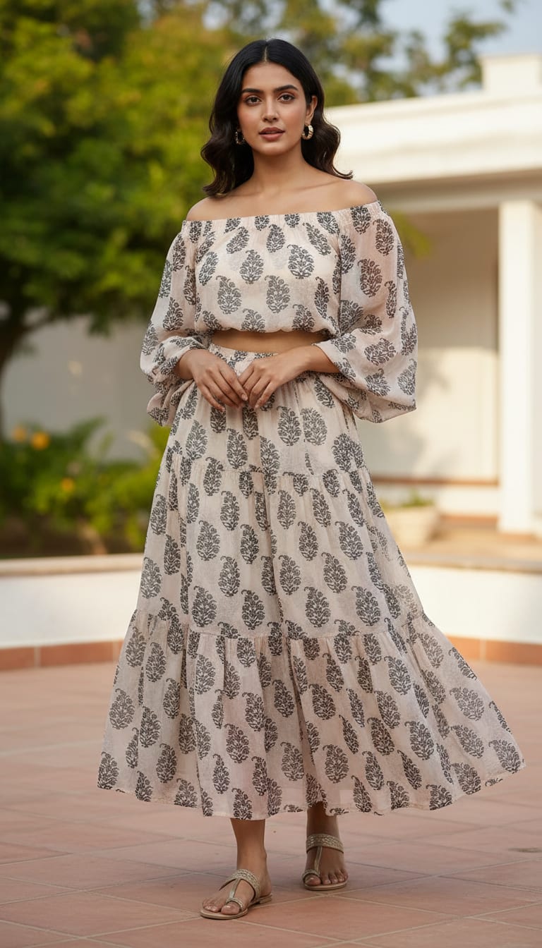 Block Print Motif Digital Printed Fabric - Pure Georgette