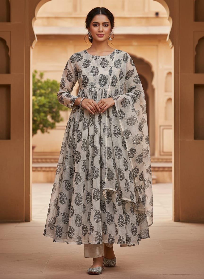 Block Print Motif Digital Printed Fabric - Pure Georgette