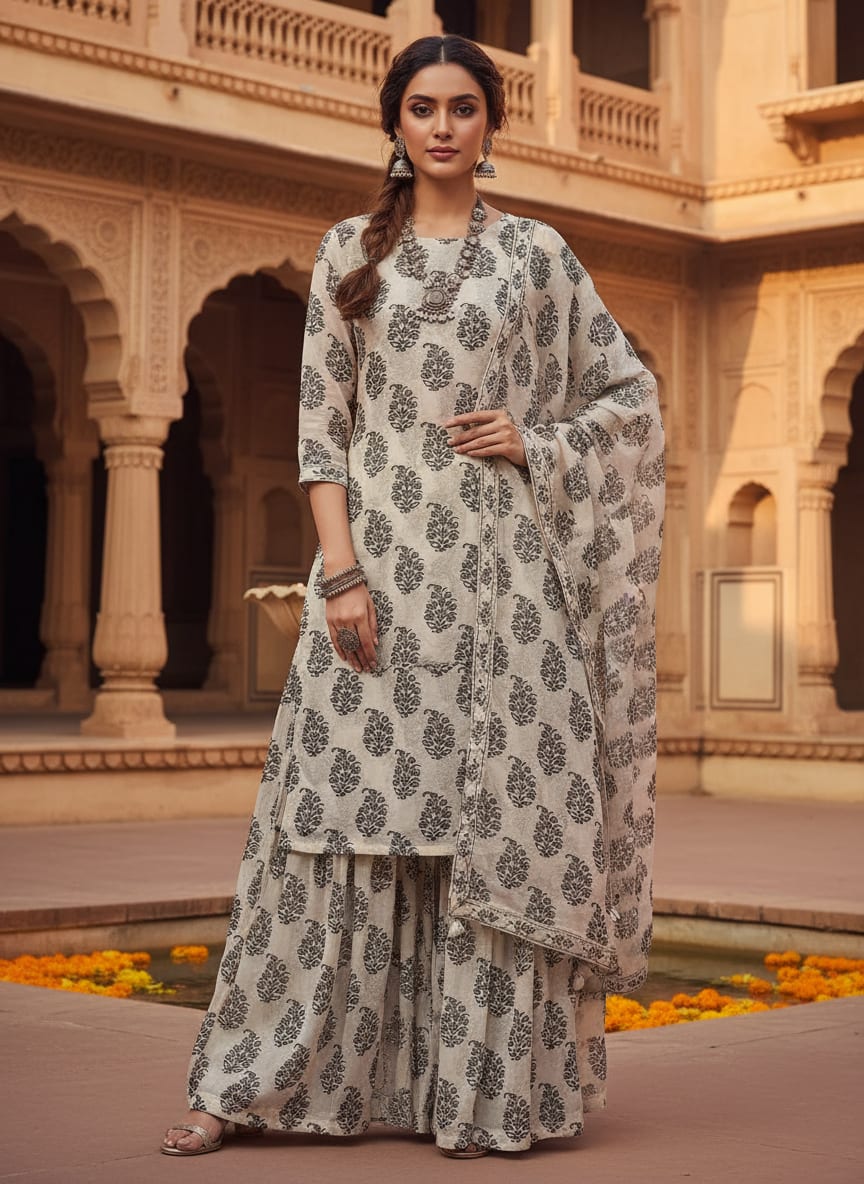 Cream Ethnic Floral Block Print Pure Georgette Digital Printed Fabric