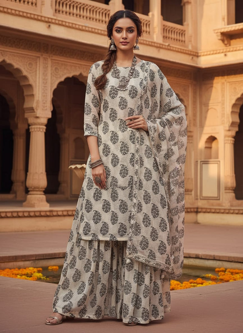 Cream Ethnic Floral Block Print Pure Georgette Digital Printed Fabric