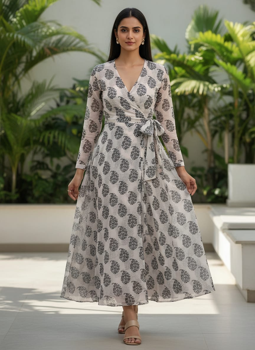 Block Print Motif Digital Printed Fabric - Pure Georgette