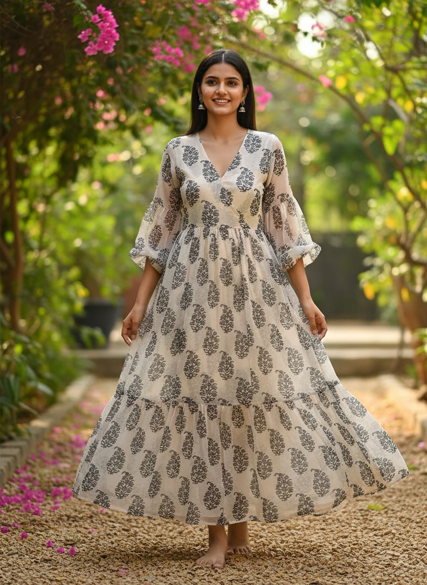 Cream Ethnic Floral Block Print Pure Georgette Digital Printed Fabric