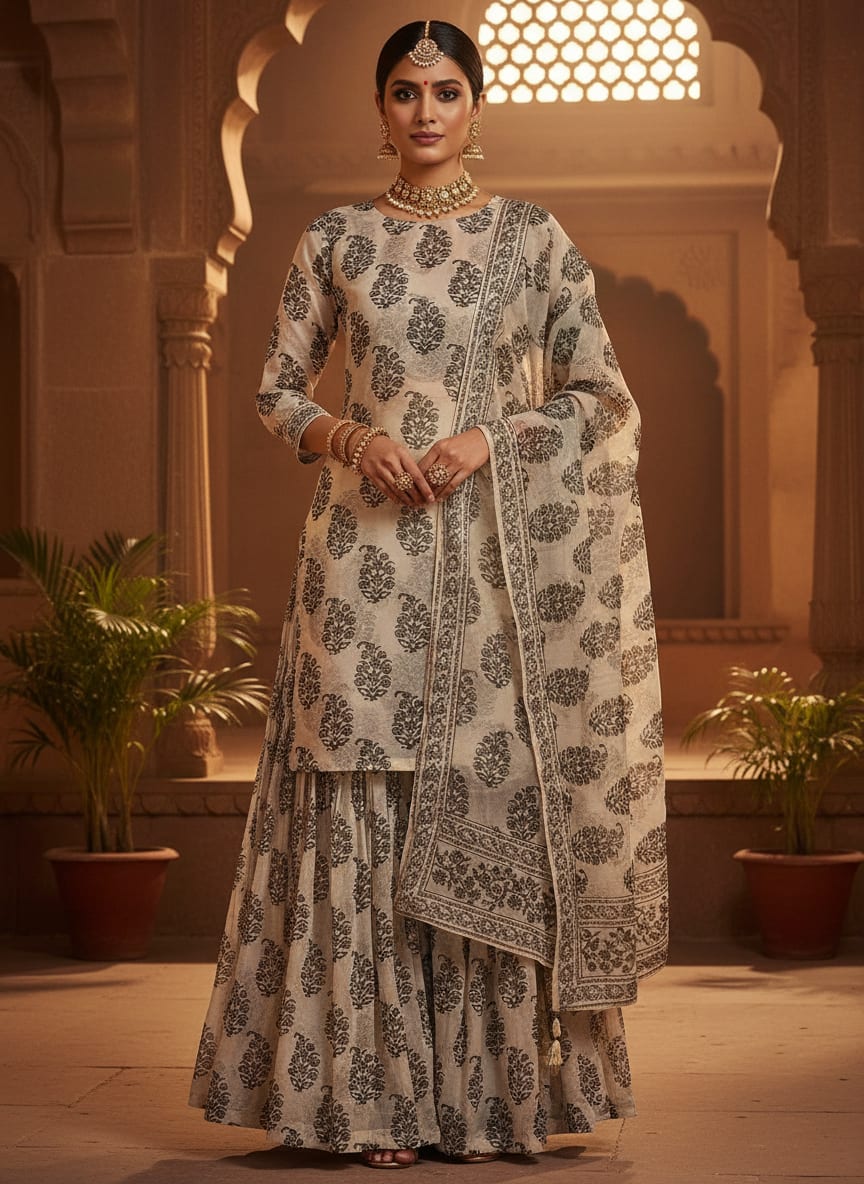 Cream Ethnic Floral Block Print Pure Georgette Digital Printed Fabric