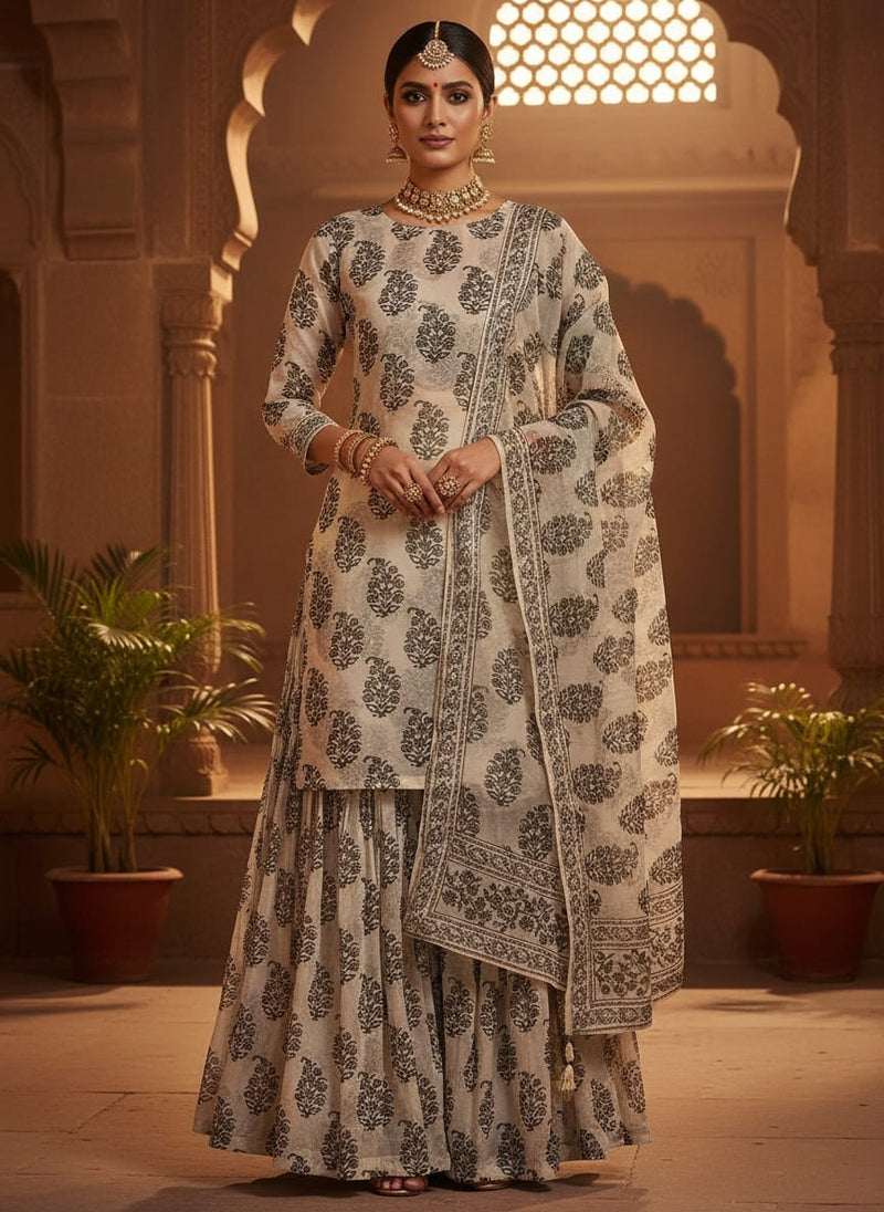 Cream Ethnic Floral Block Print Pure Georgette Digital Printed Fabric