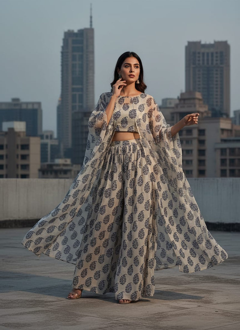 Block Print Motif Digital Printed Fabric - Pure Chiffon