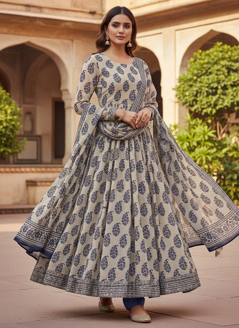 Block Print Motif Digital Printed Fabric - Pure Chiffon