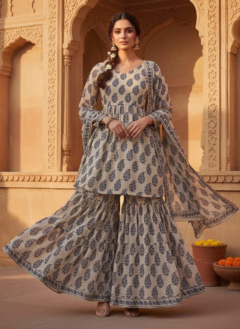 Block Print Motif Digital Printed Fabric - Pure Chiffon