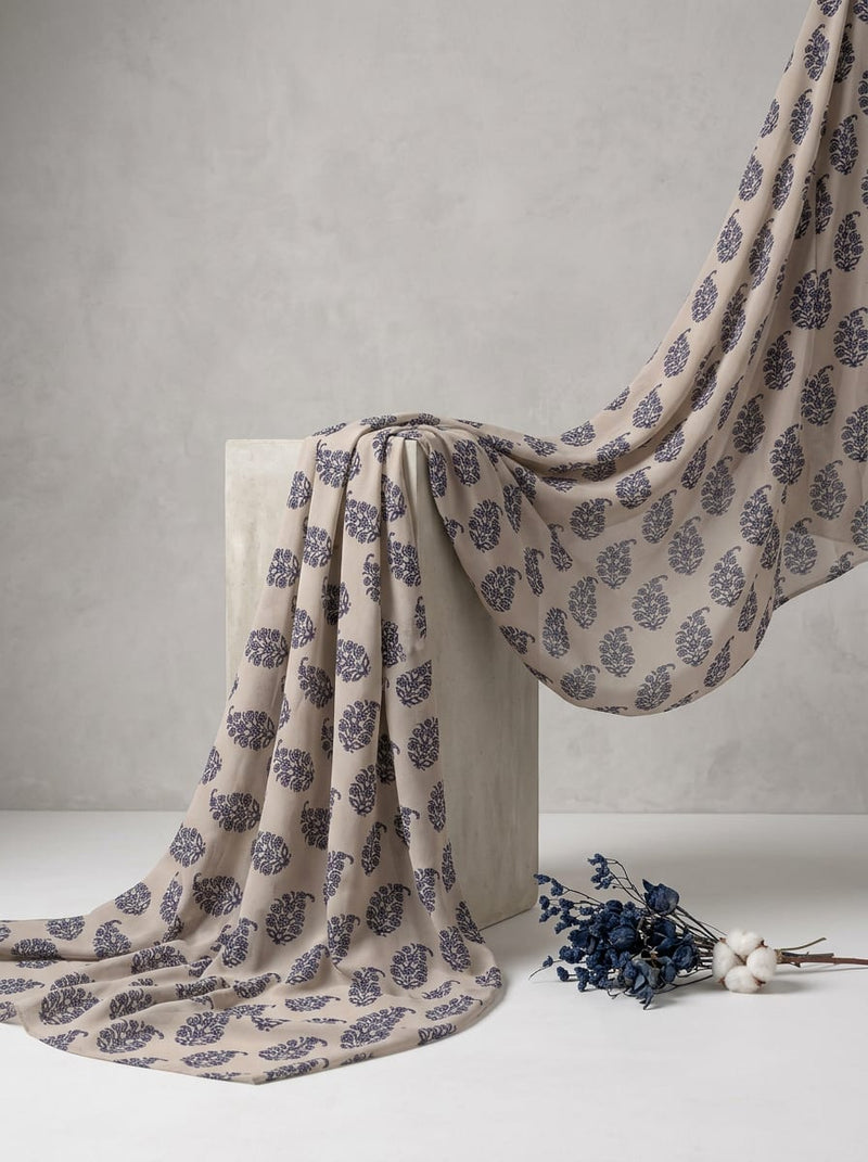 Cream Ethnic Floral Butta Print Pure Chiffon Digital Printed Fabric
