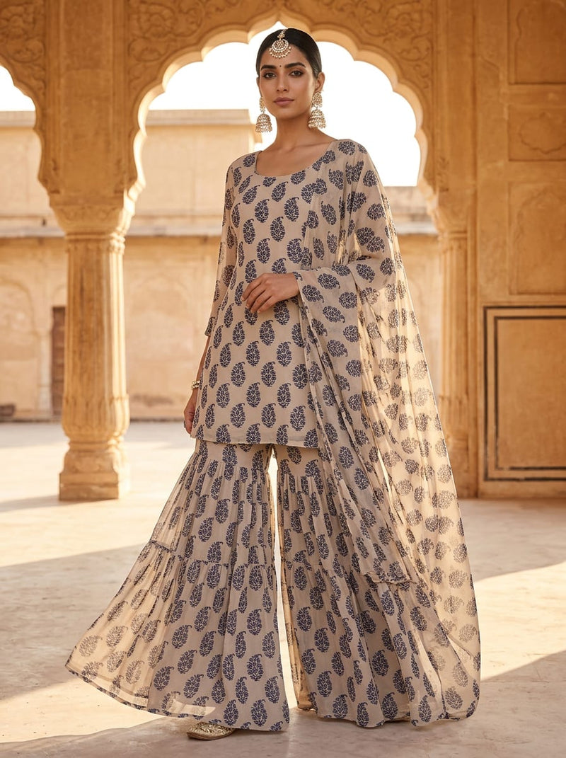 Cream Ethnic Floral Butta Print Pure Chiffon Digital Printed Fabric