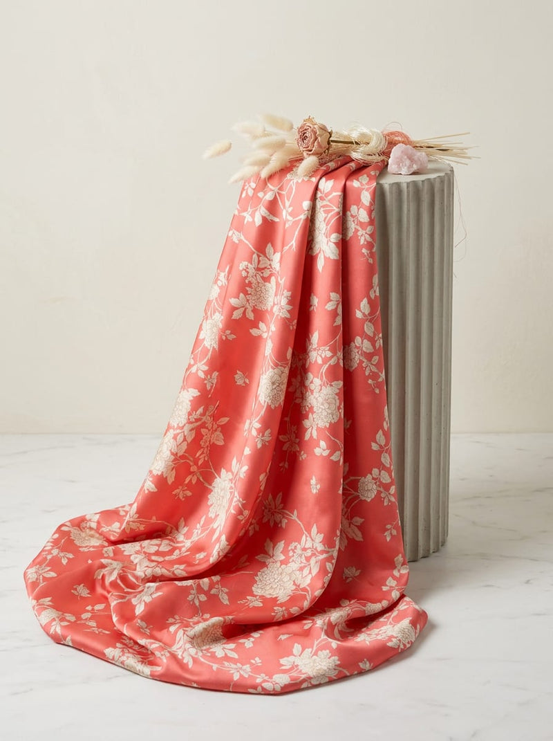 Pink Cream Botanical Floral Vine Japan Satin Digital Printed Fabric