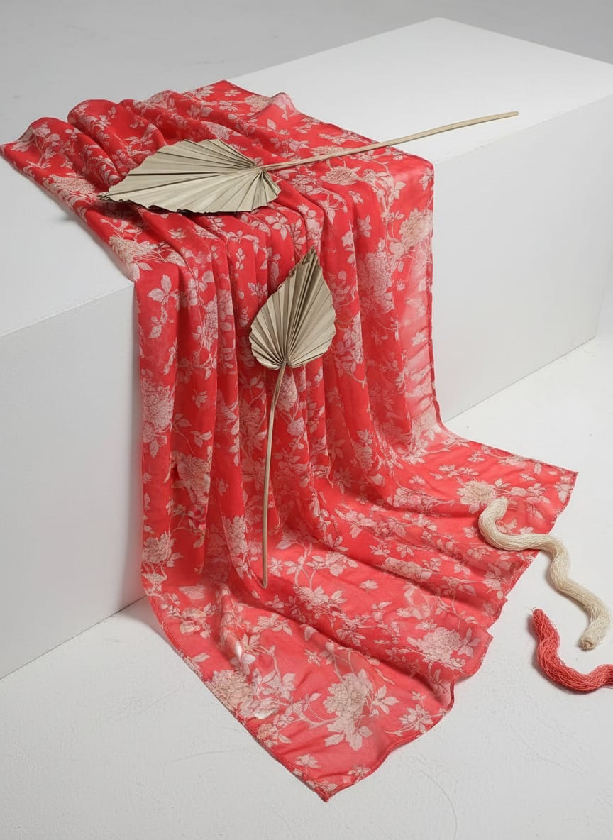 Red Elegant Peony Vine Floral Weightless Digital Printed Fabric