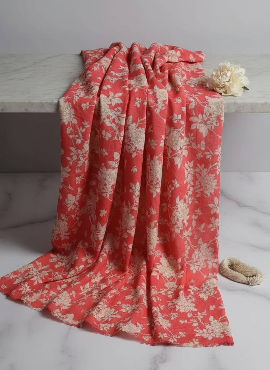 Flower Bunch On Dreamy Orange Digital Printed Fabric  - Muslin