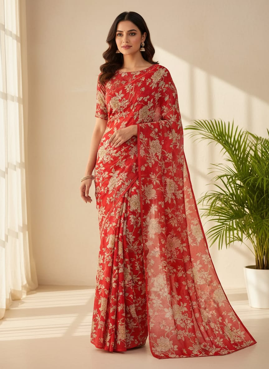 Red Cream Vintage Floral Silk Crepe Digital Printed Fabric