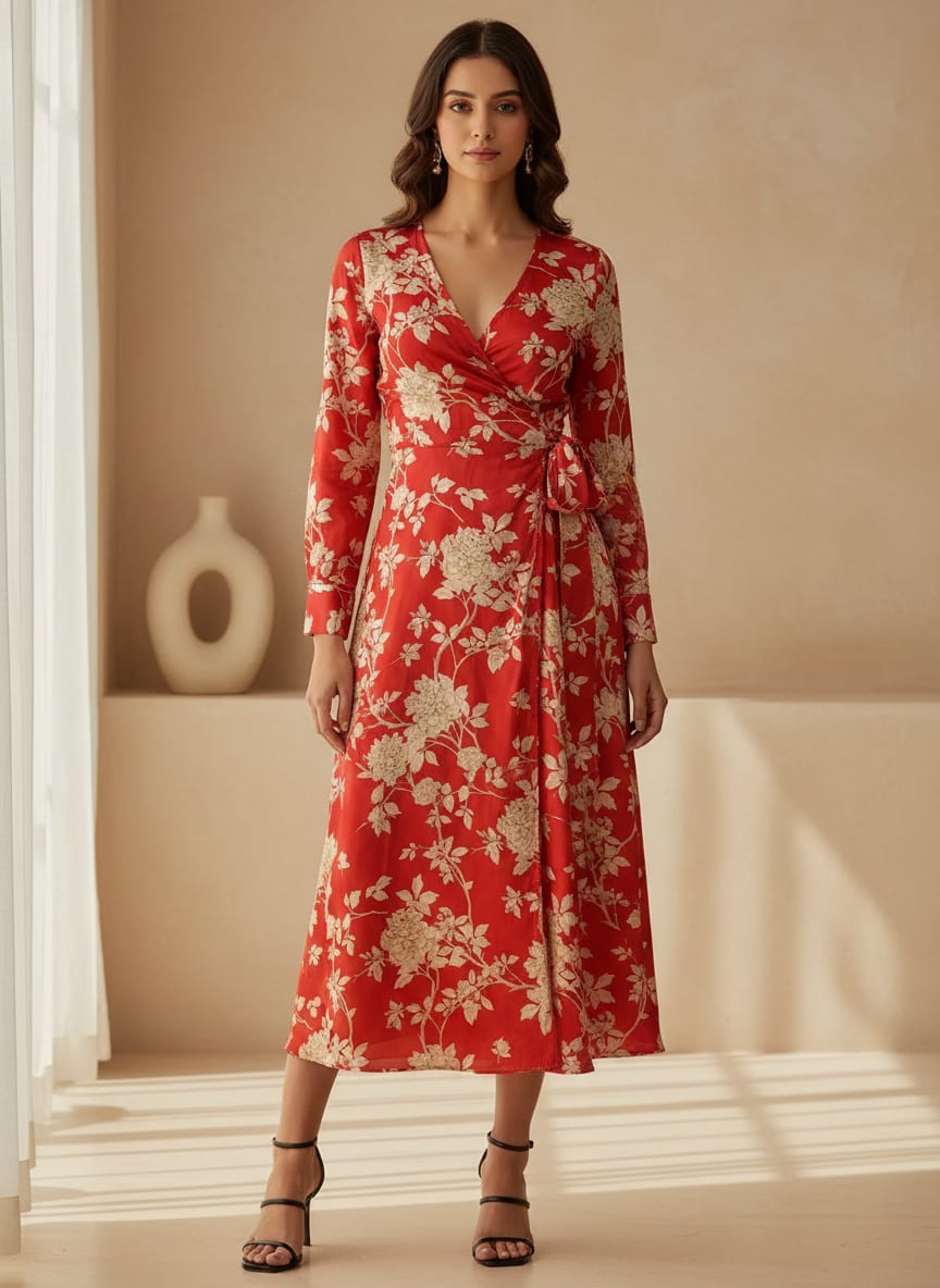 Red Cream Vintage Floral Silk Crepe Digital Printed Fabric