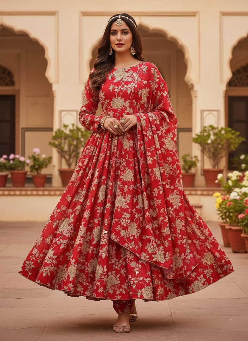 Red Cream Vintage Floral Silk Crepe Digital Printed Fabric