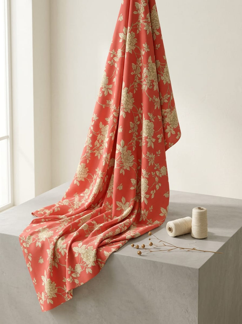 Red Cream Botanical Floral Vine Pure Cotton Digital Printed Fabric