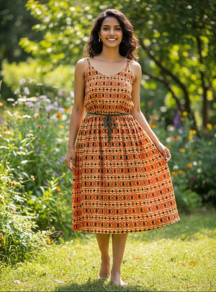 Orange Ethnic Ikat Diamond Pattern Tusser Silk Digital Printed Fabric