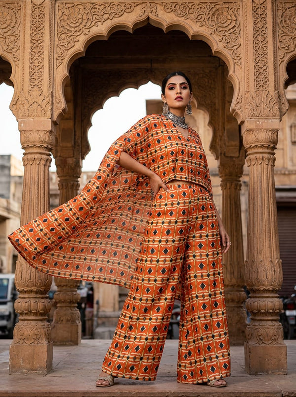 Orange Ethnic Ikat Diamond Pattern Tusser Silk Digital Printed Fabric - Cape with Palazzo Lookbook - TS-0-MA03322P2-110 - alternate view
