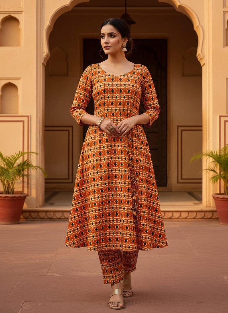 Orange Abstract Repeat Motif Digital Printed Fabric - Kora Silk
