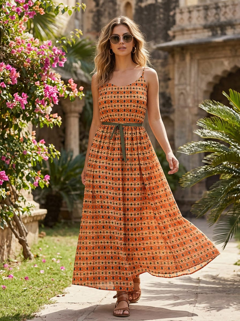 Orange Ethnic Geometric Diamond Weightless Digital Printed Fabric