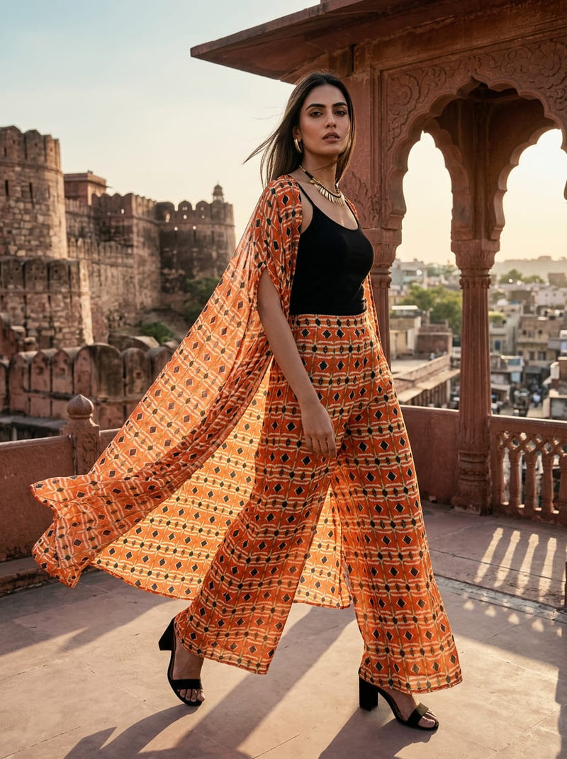 Orange Ethnic Geometric Diamond Weightless Digital Printed Fabric
