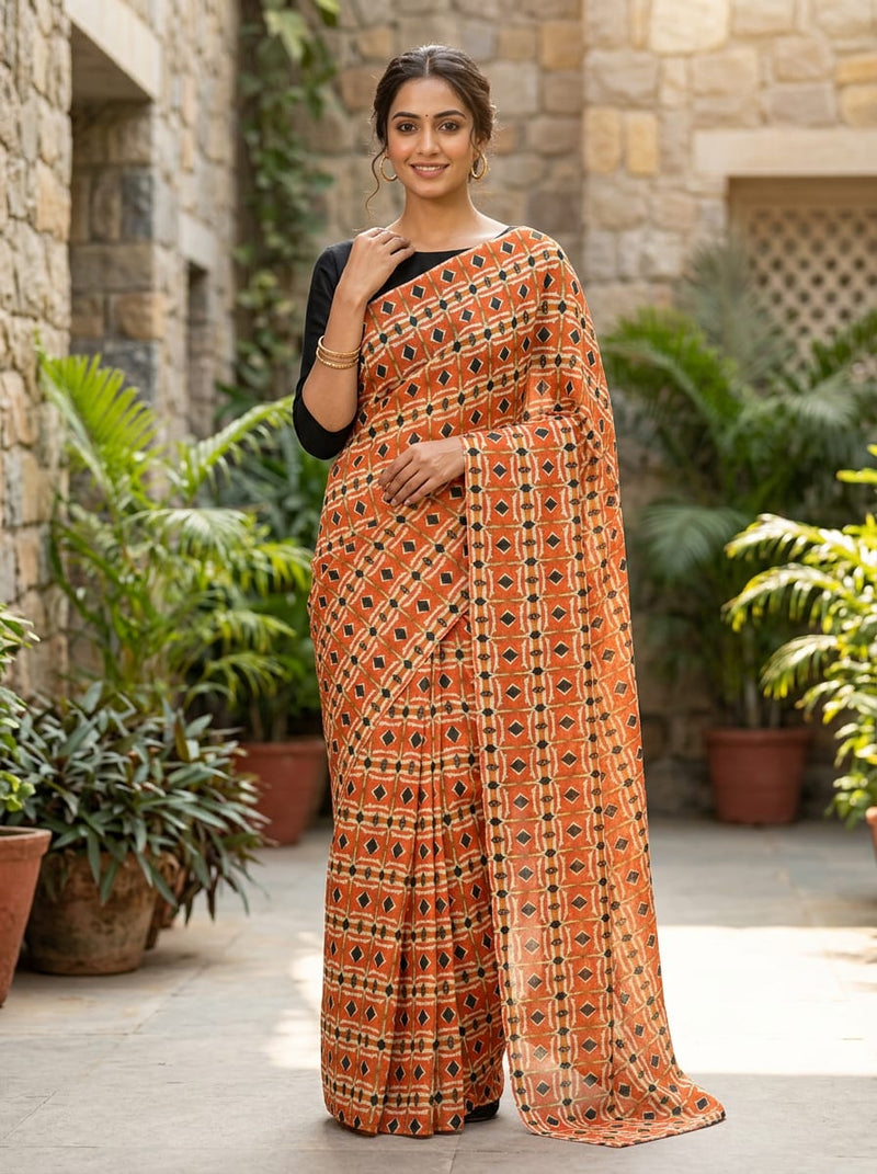 Orange Ethnic Geometric Diamond Weightless Digital Printed Fabric