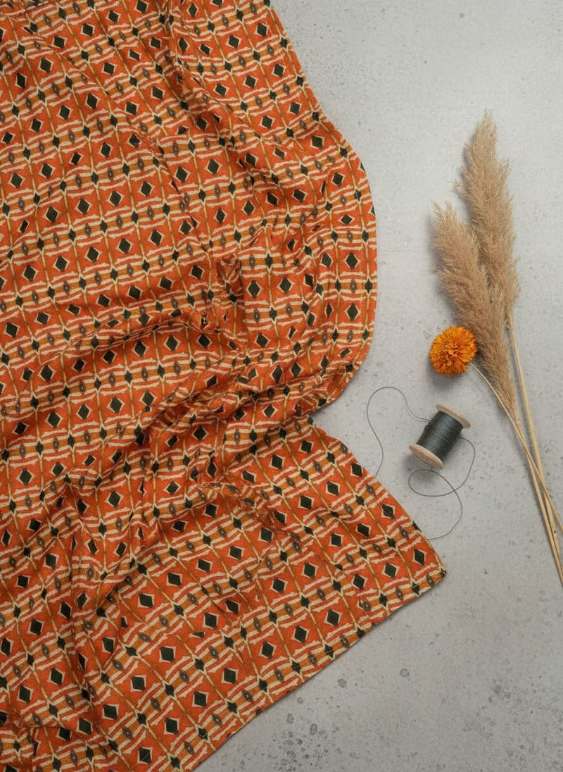 Orange Ethnic Geometric Diamond Weightless Digital Printed Fabric