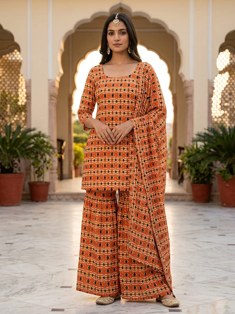 Orange Ethnic Geometric Diamond Weightless Digital Printed Fabric