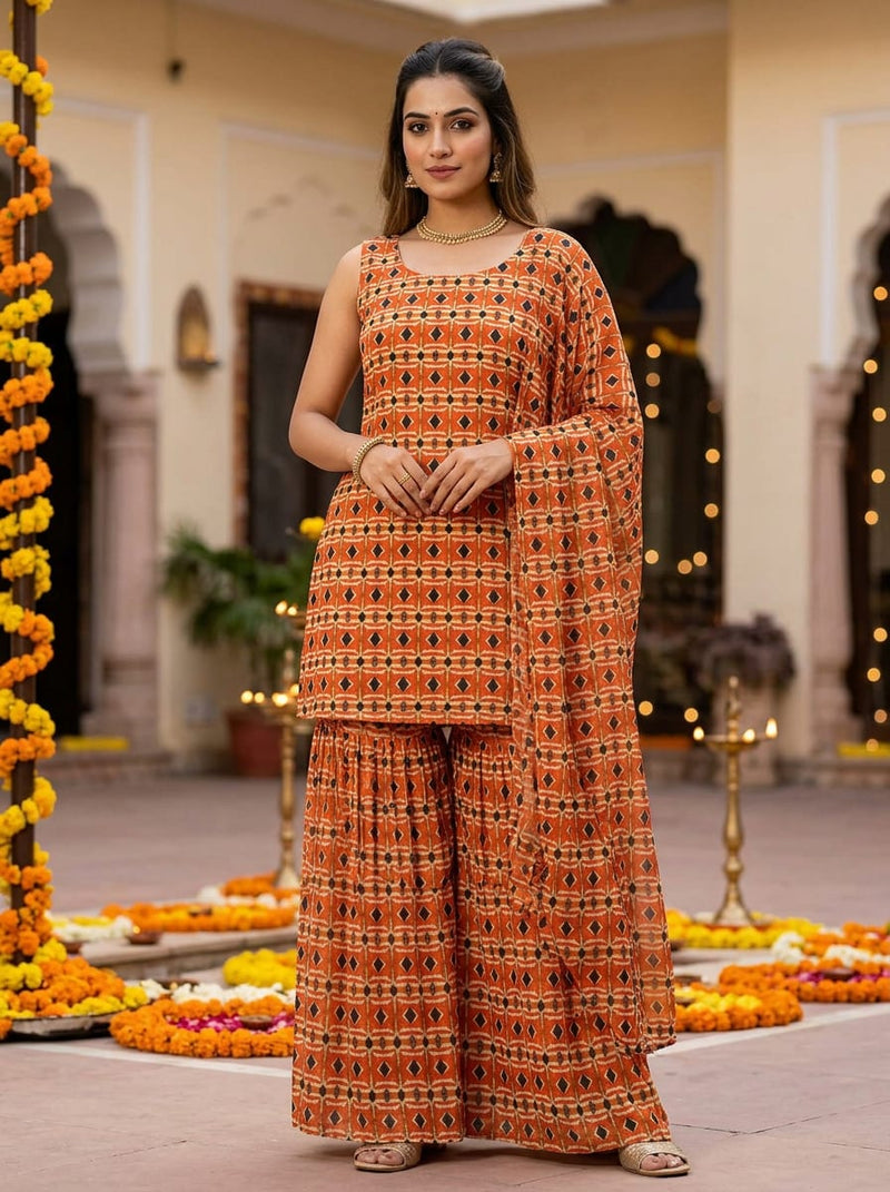 Orange Ethnic Geometric Diamond Pattern Pure Georgette Digital Printed Fabric