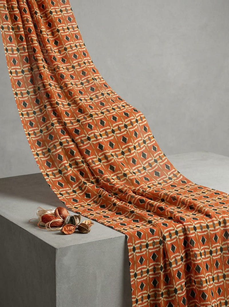 Orange Ethnic Geometric Diamond Pattern Pure Georgette Digital Printed Fabric