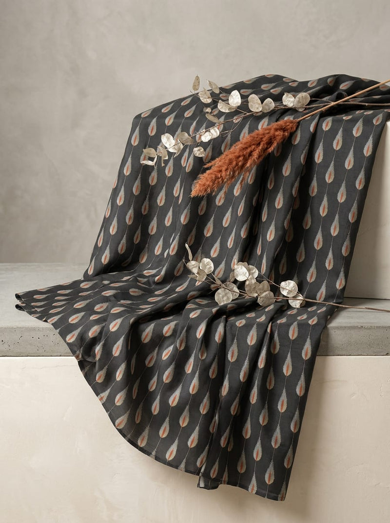 Black Abstract Teardrop Motif Tusser Silk Digital Printed Fabric