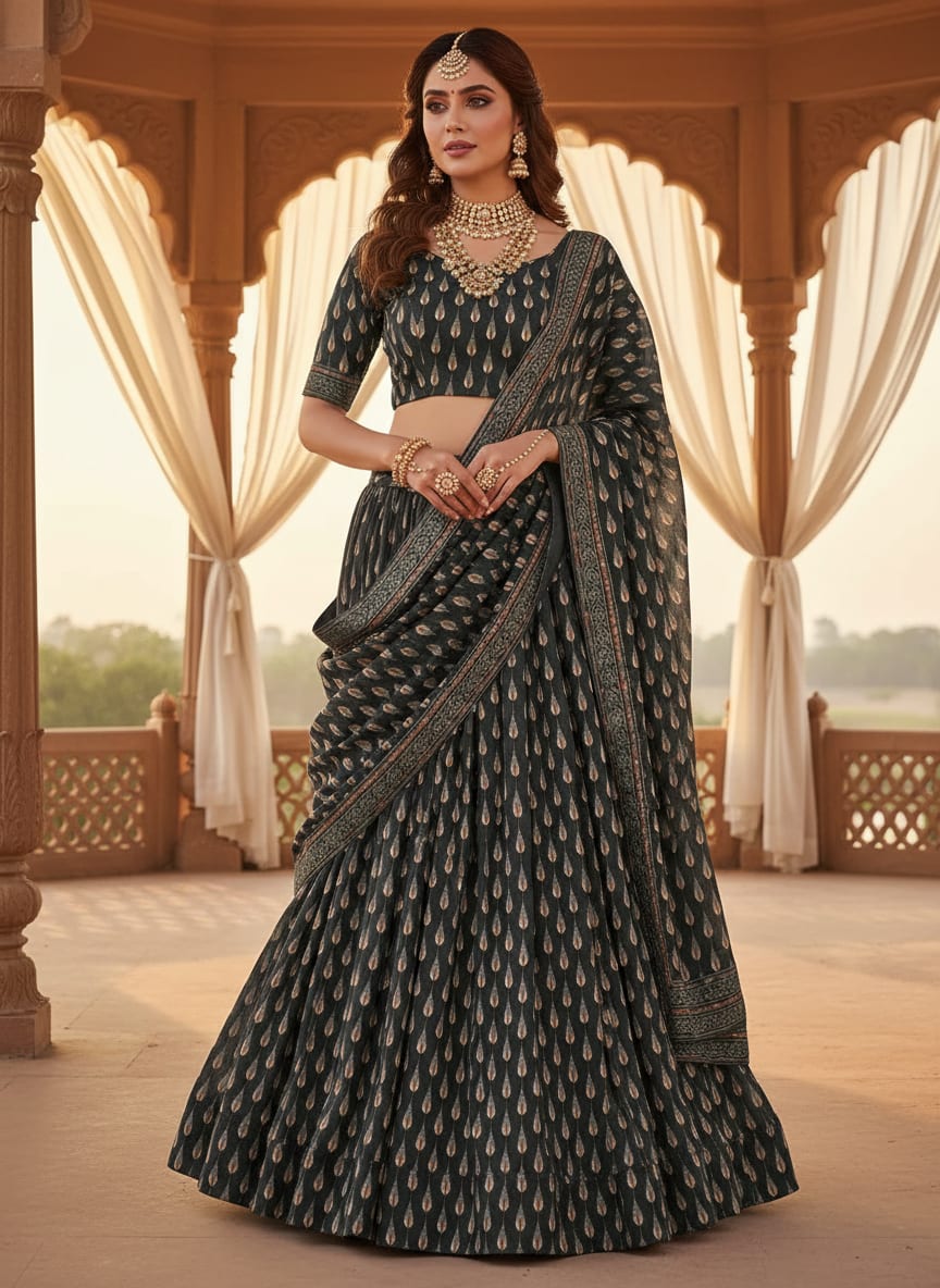 Grey Ethnic Teardrop Motif Kora Silk Digital Printed Fabric