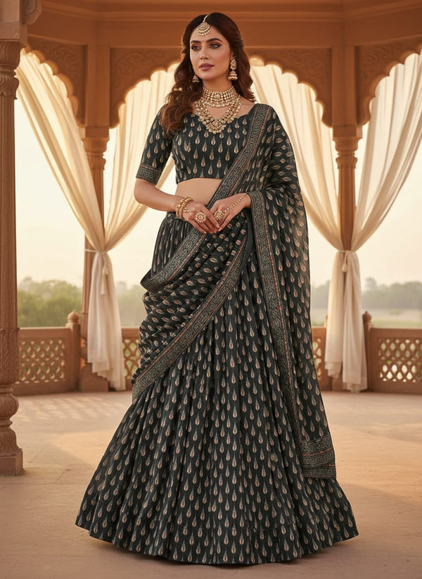 Grey Ethnic Teardrop Motif Kora Silk Digital Printed Fabric - Lehenga Choli Lookbook - KS-0-MA05232-110 - alternate view