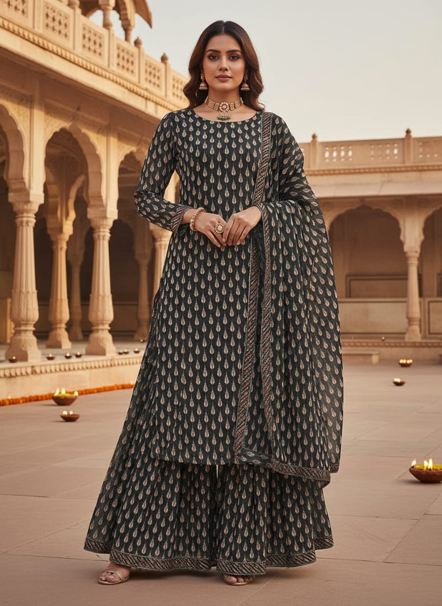 Grey Stylized Teardrop Stripe Pure Georgette Digital Printed Fabric