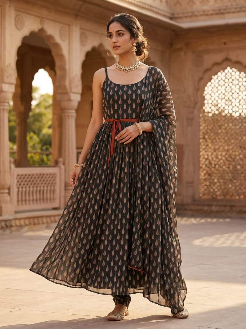 Black Stylized Teardrop Buti Pure Chiffon Digital Printed Fabric