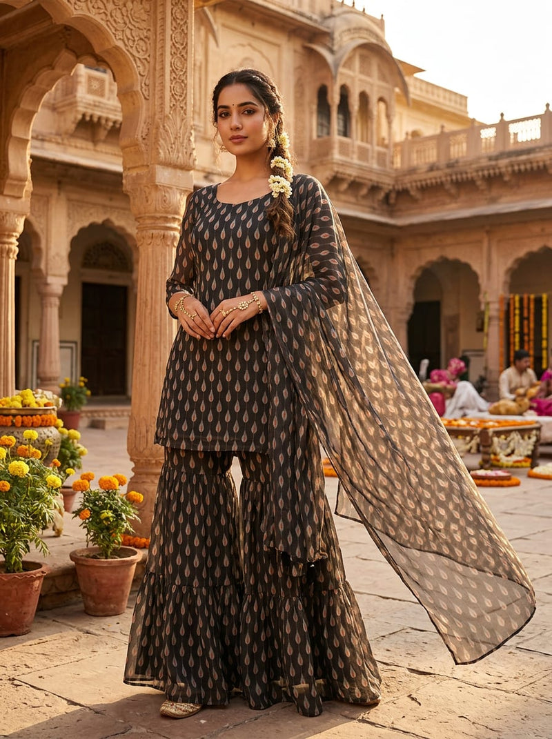 Black Stylized Teardrop Buti Pure Chiffon Digital Printed Fabric