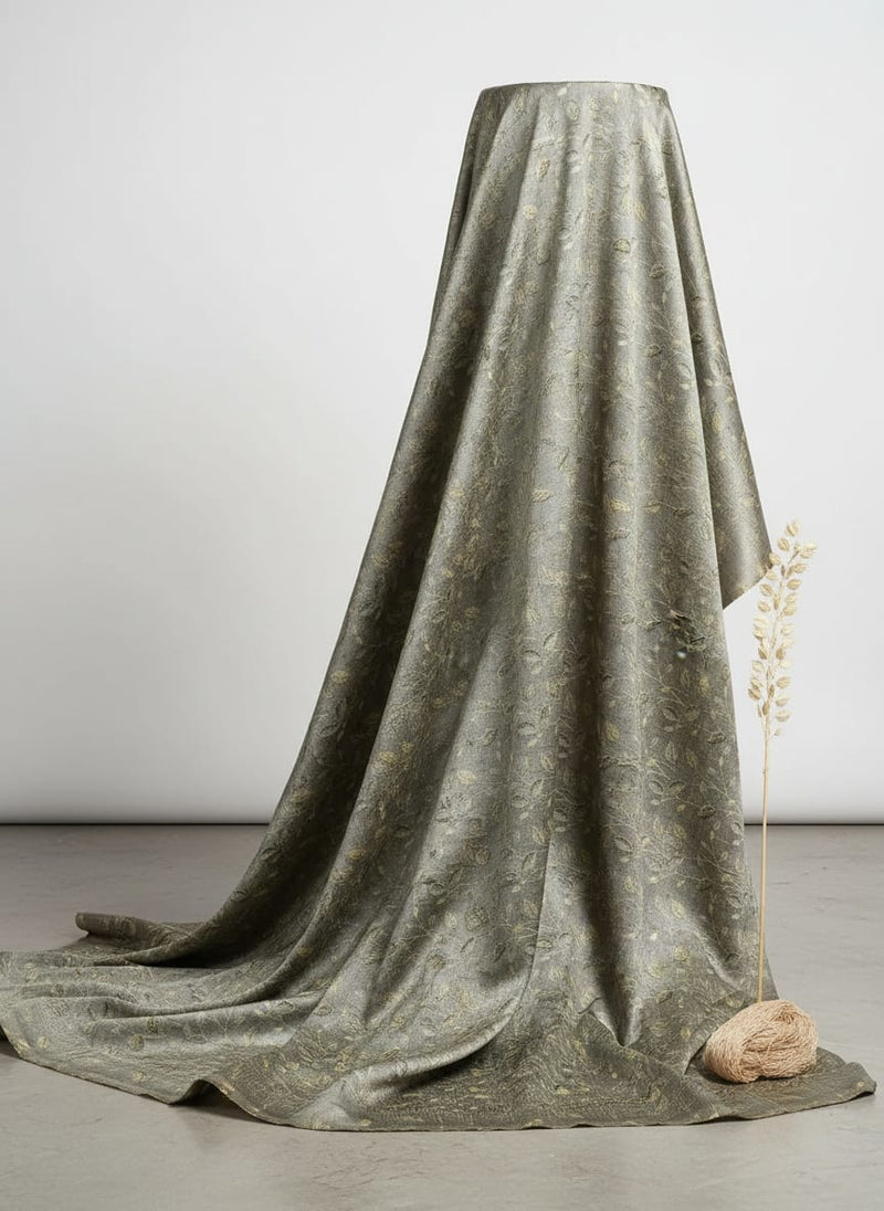 Brown Leaves With Stalk Digital Printed Fabric - Tusser Silk