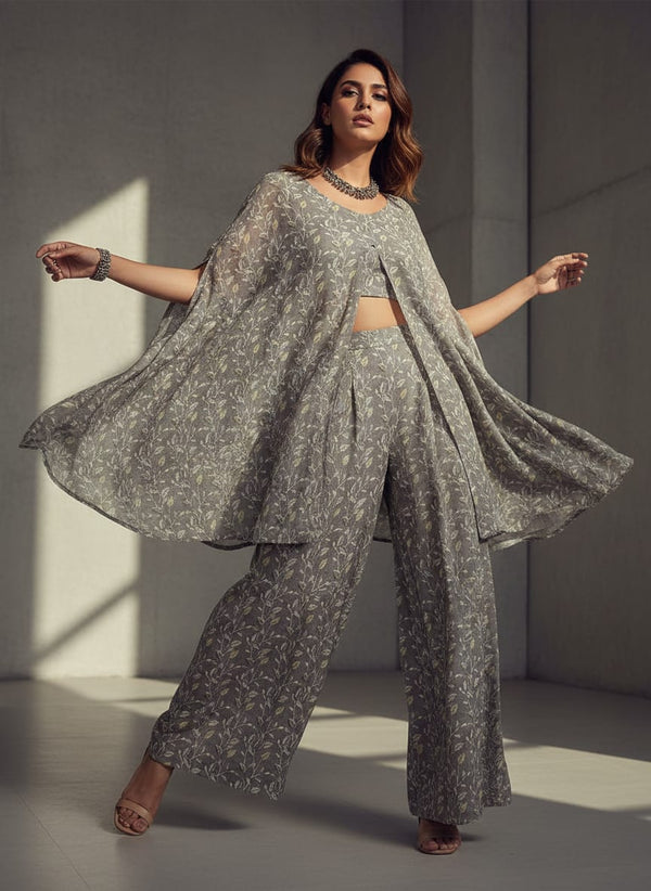 Brown Leaves With Stalk Digital Printed Fabric - Weightless - Cape with Palazzo Lookbook - WE-0-MA06380-110 - alternate view