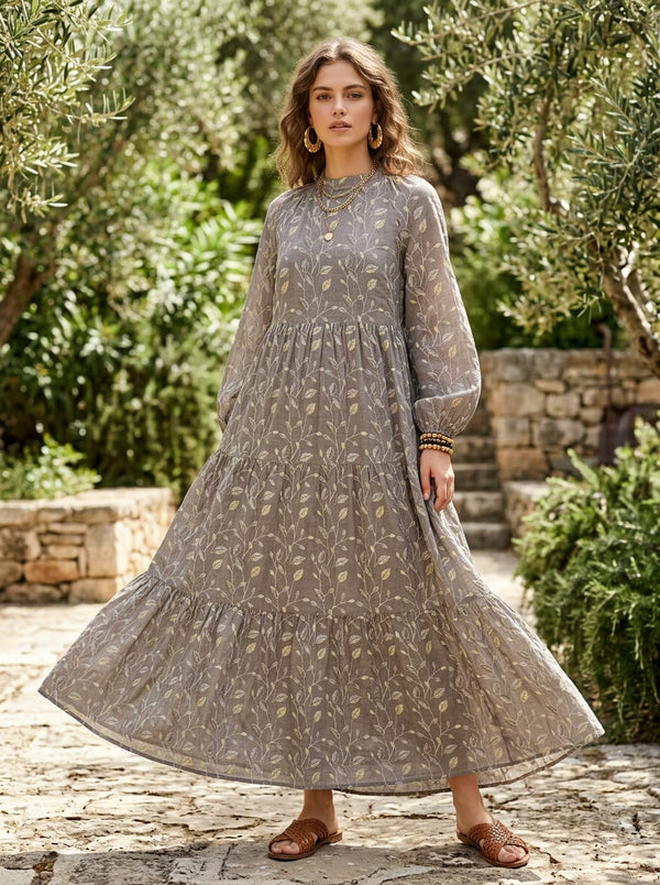 Grey Delicate Botanical Leaf Vine Muslin Digital Printed Fabric - Flowy Maxi Dress Lookbook - MU-0-MA06380-110 - alternate view