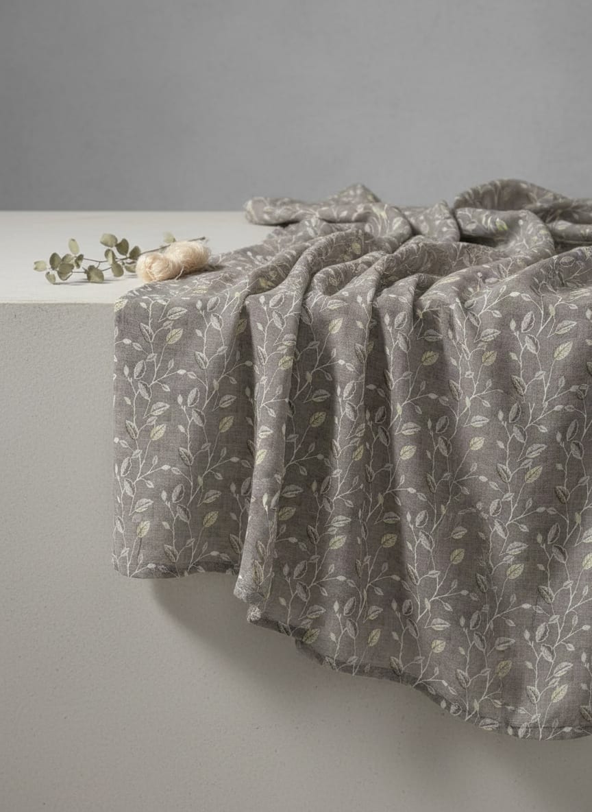 Brown Leaves With Stalk Digital Printed Fabric - Crepe