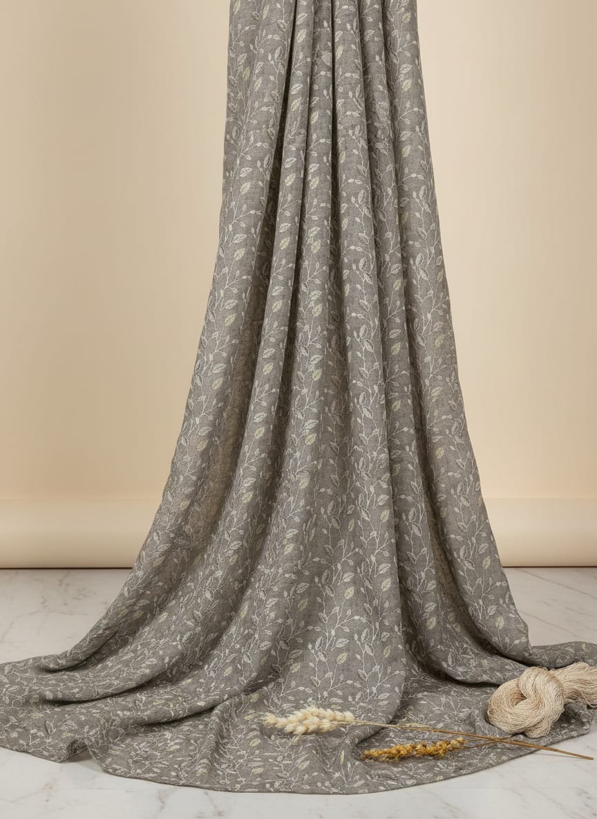 Grey Delicate Botanical Vine Pure Chinon Digital Printed Fabric