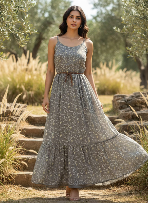 Grey Delicate Botanical Vine Pure Chinon Digital Printed Fabric - Flowy Maxi Dress Lookbook - PC-0-MA06380-106 - alternate view