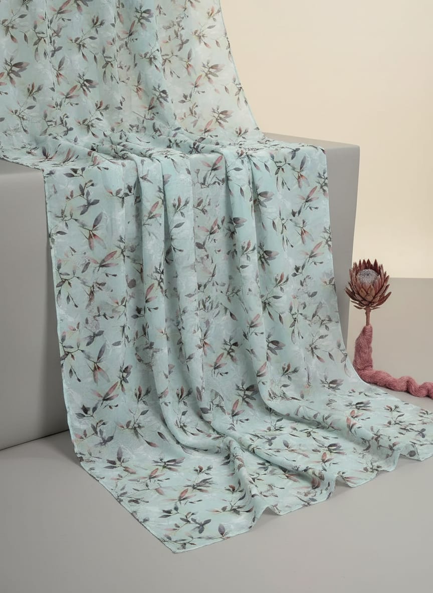 Bluish Thin And Light Leaves Digital Printed Fabric - Tusser Silk