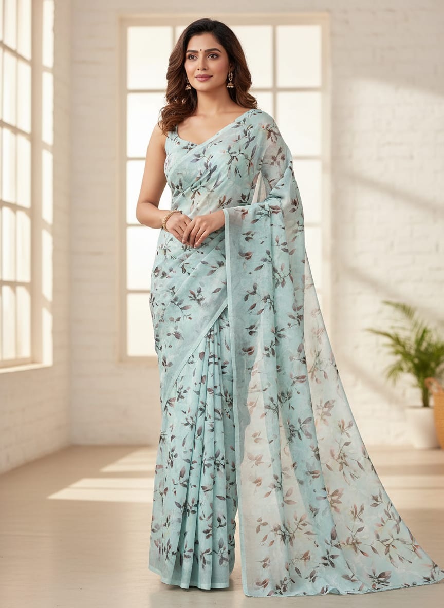 Bluish Thin And Light Leaves Digital Printed Fabric - Tusser Silk