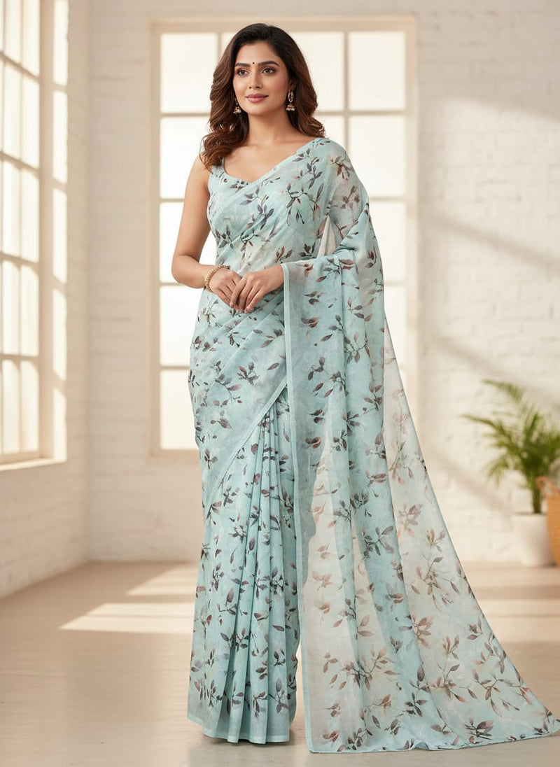 Bluish Thin And Light Leaves Digital Printed Fabric - Tusser Silk