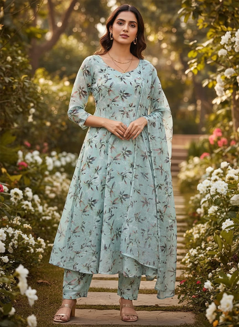 Bluish Thin And Light Leaves Digital Printed Fabric - Kora Silk