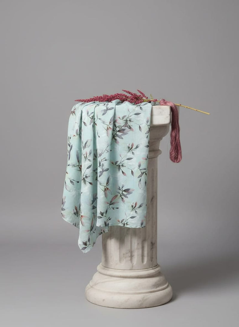 Bluish Thin And Light Leaves Digital Printed Fabric - Kora Silk
