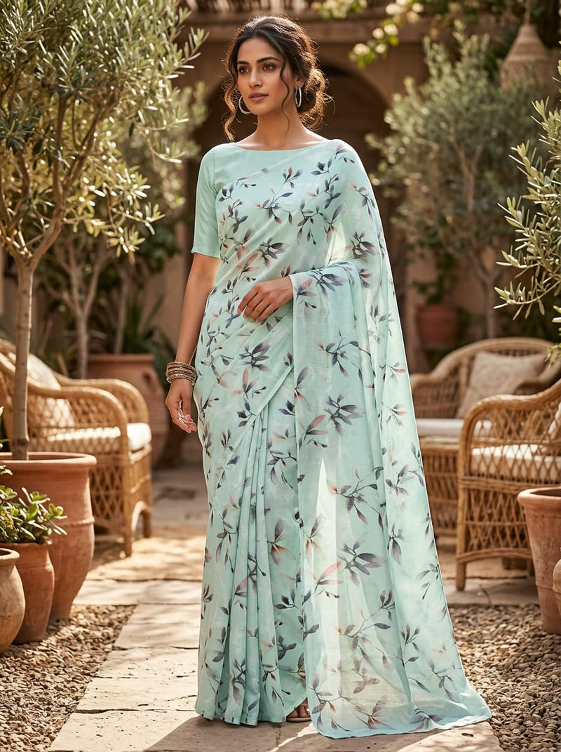 Blue Watercolour Botanical Leaf Print Kora Silk Digital Printed Fabric