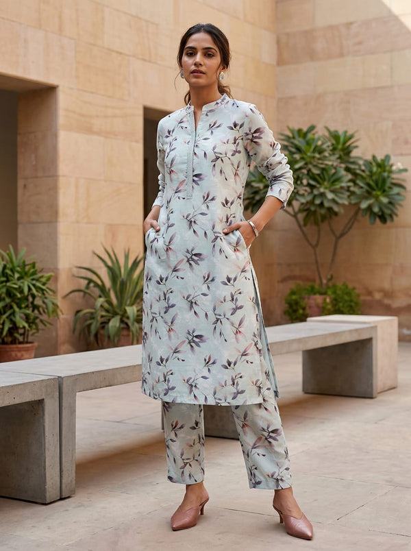 Blue Watercolour Botanical Leaf Print Kora Silk Digital Printed Fabric - Jacket Kurta with Straight Pants Lookbook - KS-0-TA05861P2-110 - alternate view