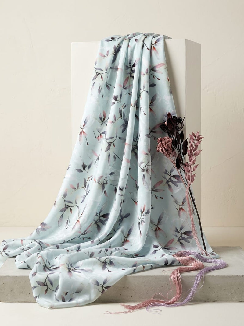 Blue Painterly Botanical Leaf Print Weightless Digital Printed Fabric